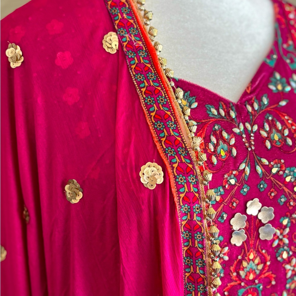Rani Pink Velvet Heavy Embroidered Suit With Plazo & Potli